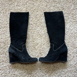 Bussola Enna Whipstitch Wedge Tall Knee High Suede Boots 39 8M 8.5 Black